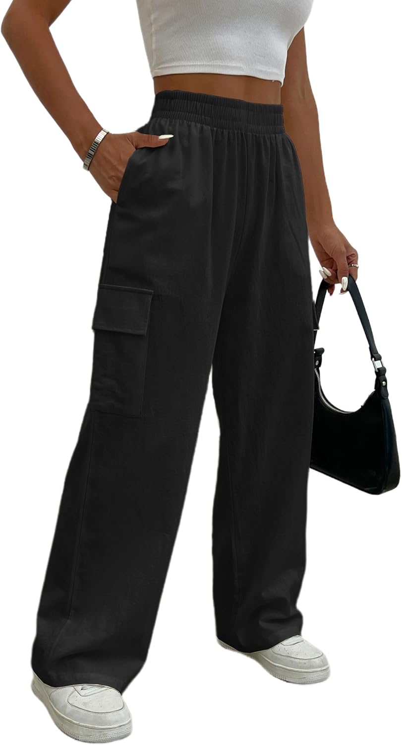 Cargo Linen Pants for Women Summer Wide Leg Palazzo Beach Pants Lightweight Women's Casual Pants with Pocket