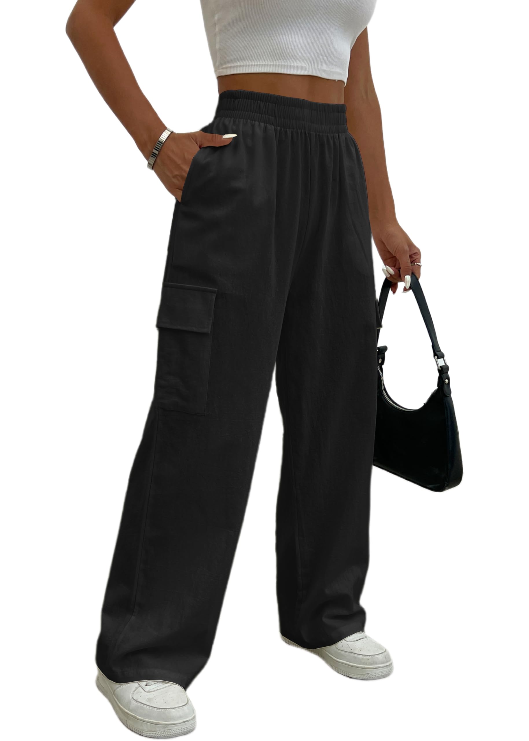 Cargo Linen Pants for Women Summer Wide Leg Palazzo Beach Pants Lightweight Womens Casual Pants with Pocket