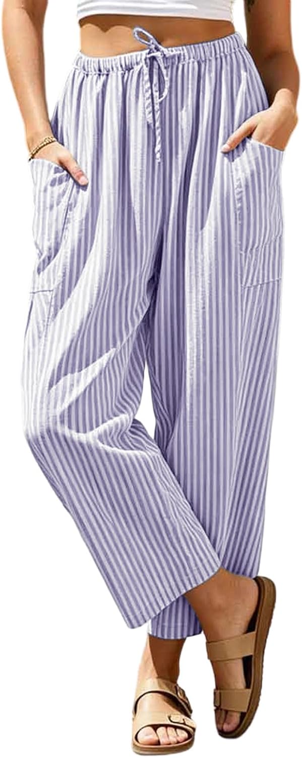 Womens Summer Flowy Pants Striped Wide Leg High Waisted Harem Pant Boho Beach Trousers for Travel Vacation Slacks