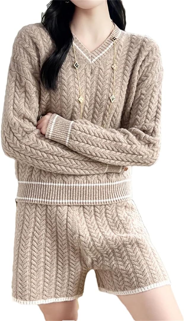 Women 100% Merino Wool Sweater Suit Cashmere V-Neck Pullover Sweater Shorts Soft Knitwear Korean Popular