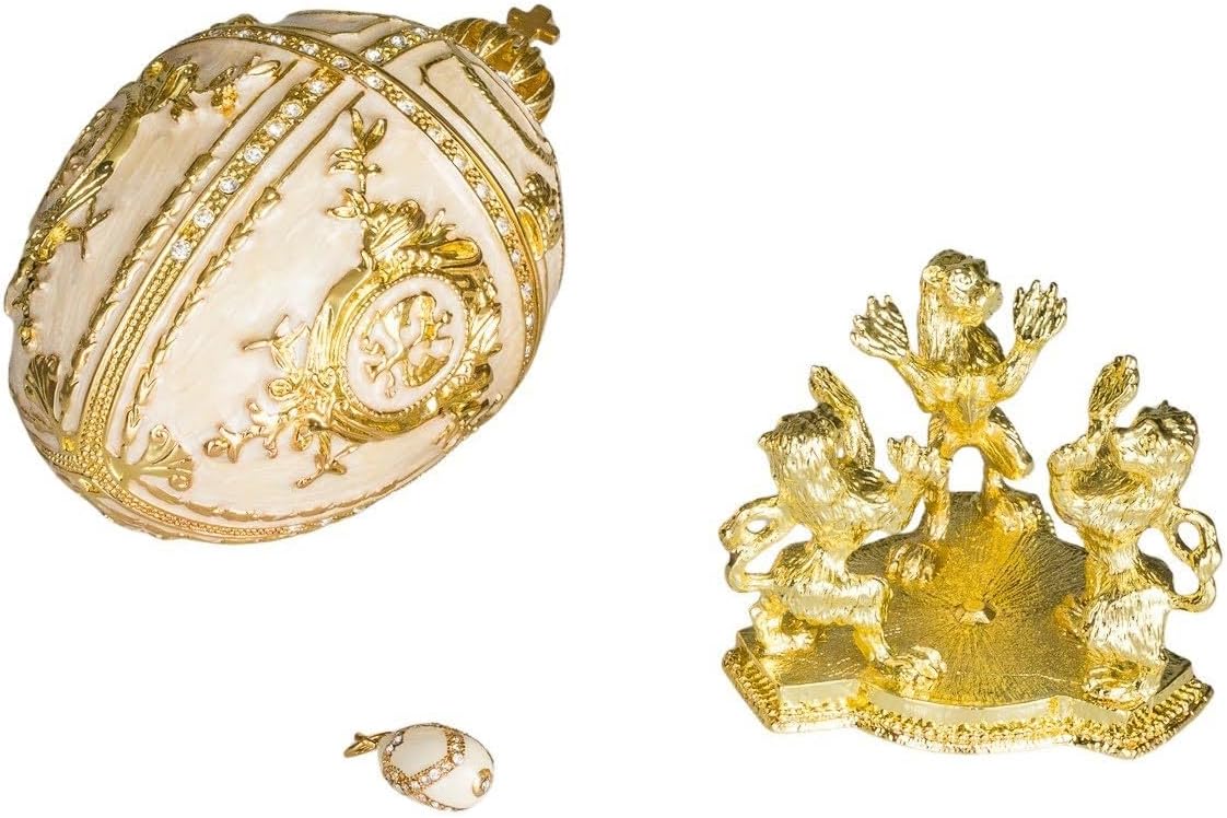 danila-souvenirs Faberge Style Egg Trinket Jewel Box with Lions and Imperial crown 6.6'' (16.5 cm) cream