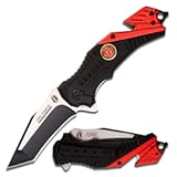 Tac-Force Pocket Folding Pocket Knife – Black/Satin Finish Blade, Black/Red Aluminum Handle w/Fire Dept Logo, Rope Cutter, Glass Punch, and Pocket Clip, Tactical, EDC, Rescue - TF-640FD