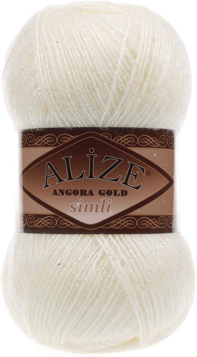 Alize Angora Gold Simli 5% Metallic - 20% Wool - 75% Acrylic Lot of 4skn Yarn Thread Crochet Lace Hand Knitting Turkish Yarn 400gr 2196 yds Color (1 - Cream)