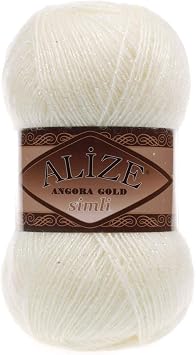 Alize Angora Gold Simli 5% Metallic - 20% Wool - 75% Acrylic Lot of 4skn Yarn Thread Crochet Lace Hand Knitting Turkish Yarn 400gr 2196 yds Color 1 - Cream