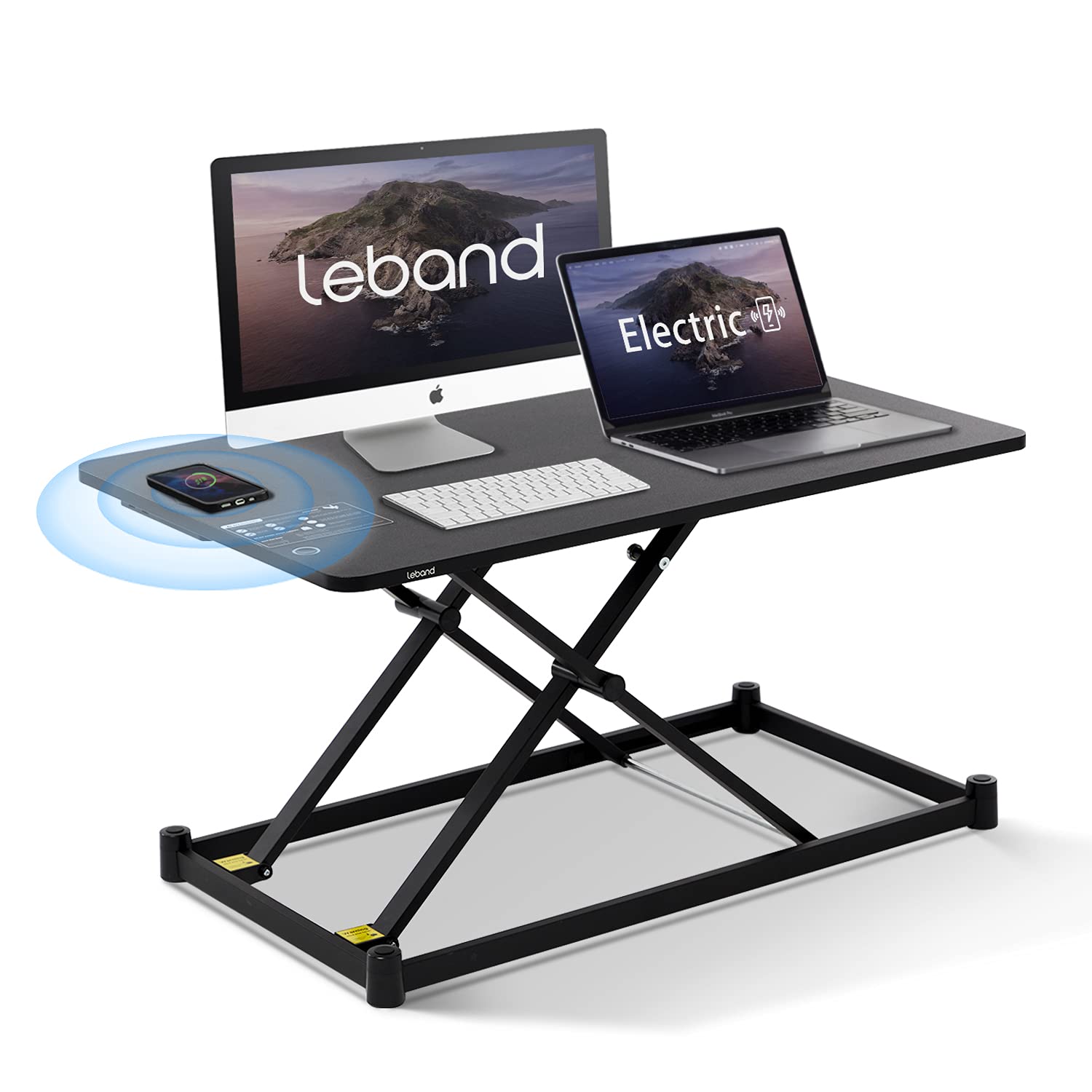 Leband Electric Standing Desk Converter with Wireless Charging and 2 USB Ports, 34'' Height Adjustable Riser with Height Memory Controller and Child Lock, Sit Stand up Home Work Office