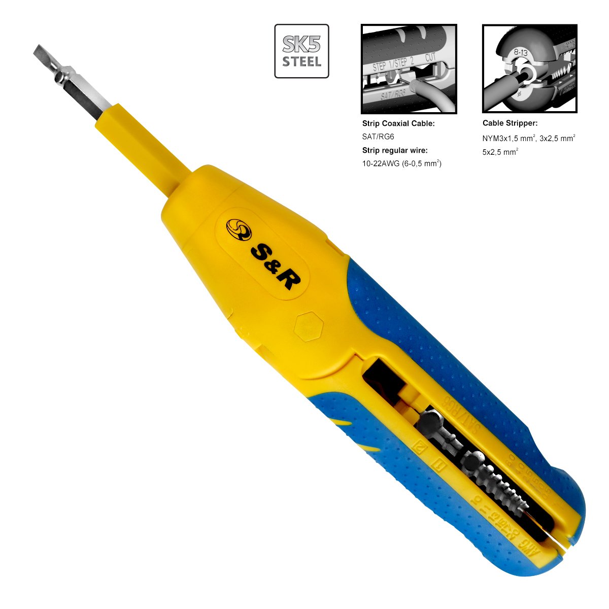 Image secondaire de S&R Pince Multifonction à dénuder pour câble coaxial internet TV. Coupe câble 3x1,5 mm / 8-13mm 10-20 AWG, SAT / RG6 et RG59. A