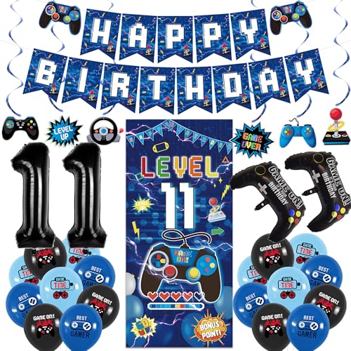 Image of Vlipoeasn Blue 11th Birthday Decorations for Boys, Video Game Level 11 Banner Backdrop Hanging Swirls for 11th Birthday Party, Gamer 11 Years Old Party Supplies