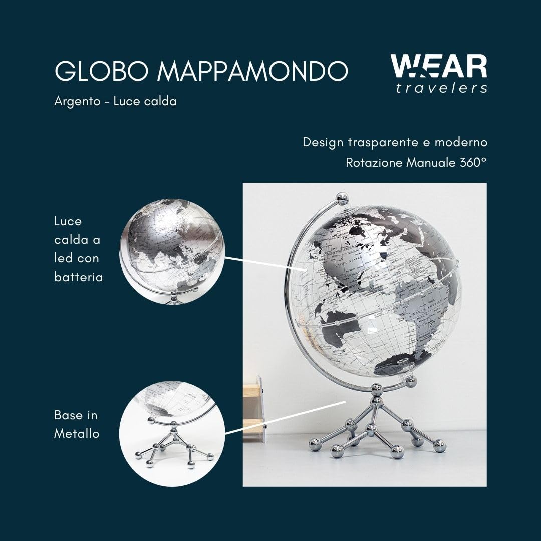 Globo Mappamondo Illuminato LED 20 CM Base in Metallo – Lampada da Tavolo con Mondo Decorativa per Casa, Ufficio, Scuola – Rotazione Manuale 360° – Idea Regalo Educativa Bambini (Argento)