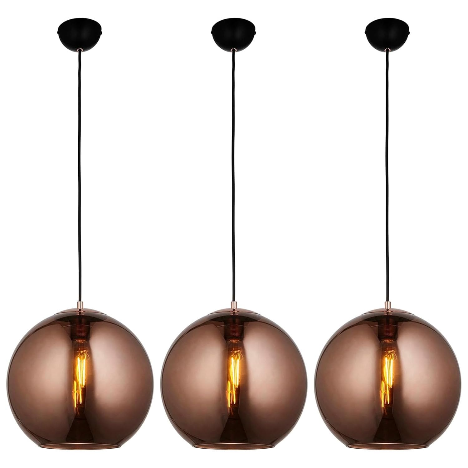 National Lighting Boula Pendant Light 300mm - Copper Mirrored Glass Ceiling Light Sphere with Matt Black Fitting - Adjustable Height Modern Hanging Lamp Fixture - E27 Bulb LED Compatible - 3 Pack