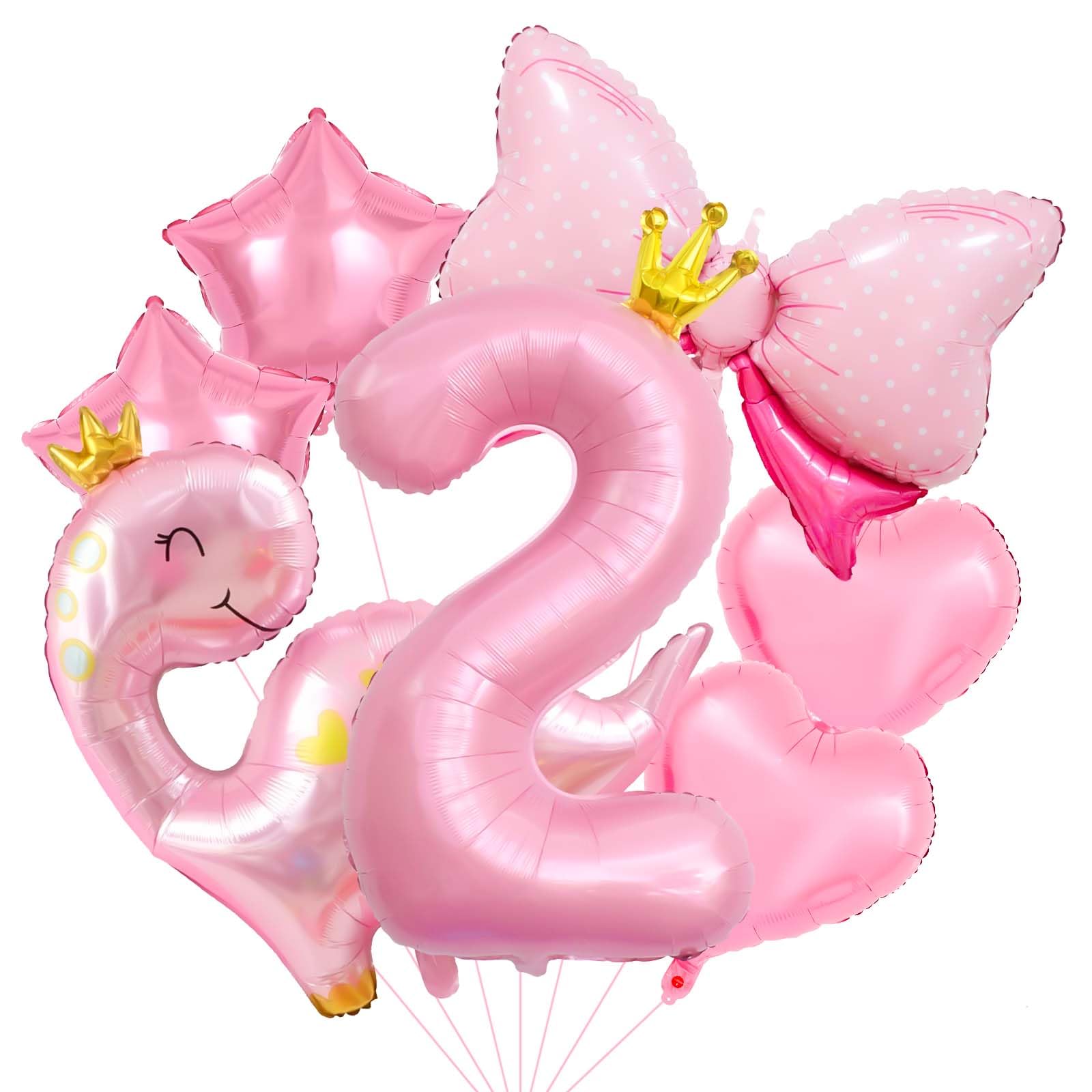 40 Inch 2 Balloon Number, Cute Crown Dinosaur, Star Bow Heart Balloons, Pastel Pink Dino for Girls Birthday Decorations Anniversary (2-Dinosaur)