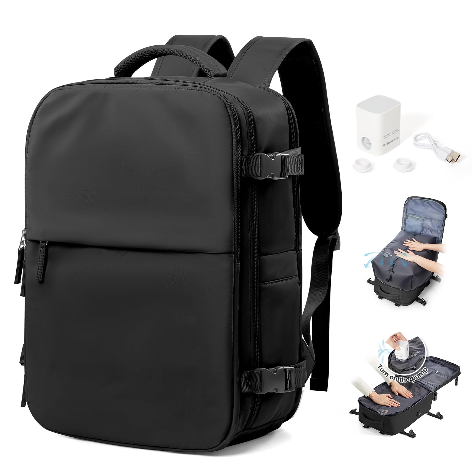 SEAFEW Mochilas de Vacío con Bomba Mochila Viaje Cabina Avion para Easyjet Bolsa de Cabina Equipaje de Mano Mochila de Senderismo Impermeable Cabina Mochila,F01-Negro