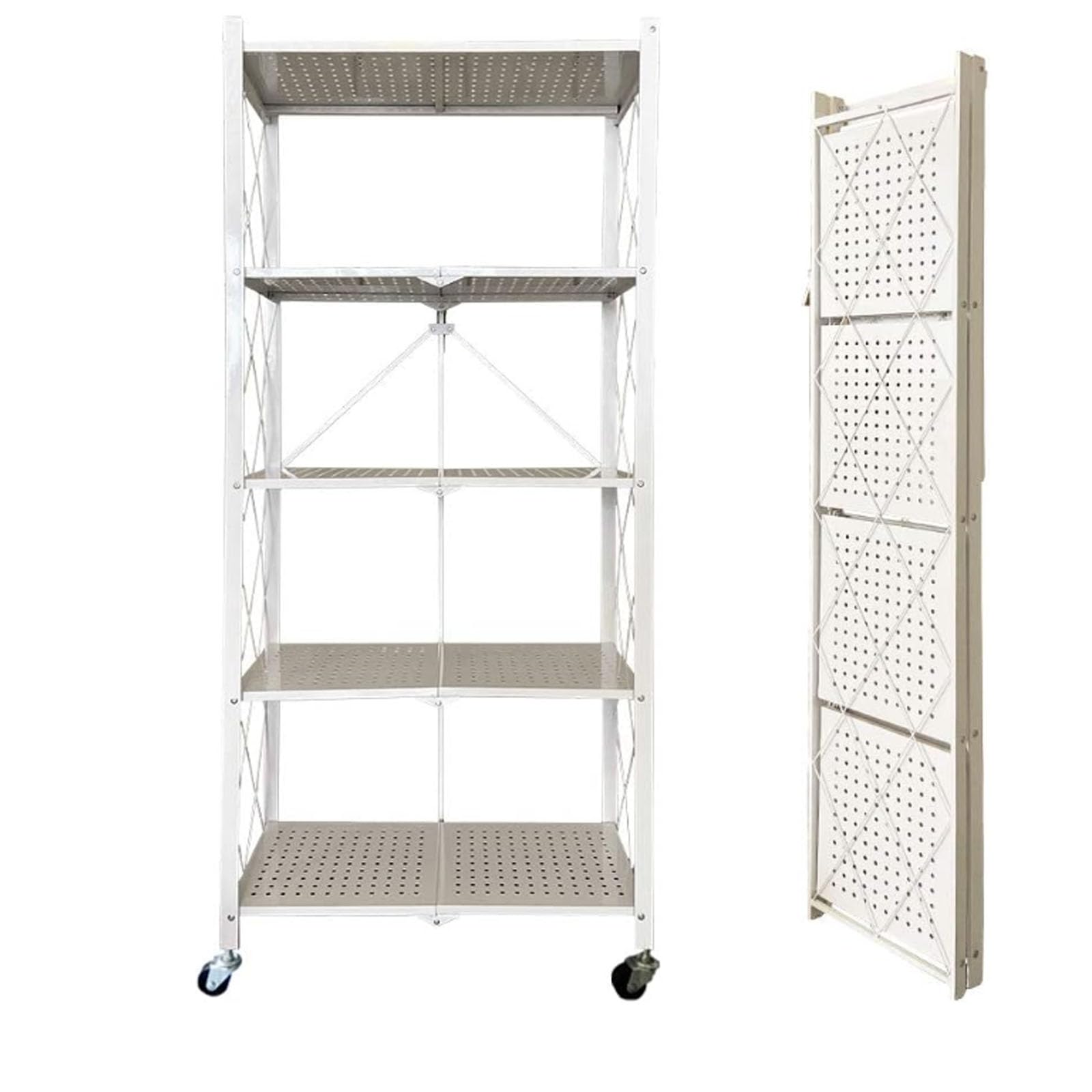 Foldable Storage Shelving Unit, No Need Tools installation Metal Heavy-Duty Black Wire Standing Kitchen Shelf with Rolling Wheels for Garage, Living room, Balcony 5 Tier/4 Tier/3 Tier (White 5 Layer)