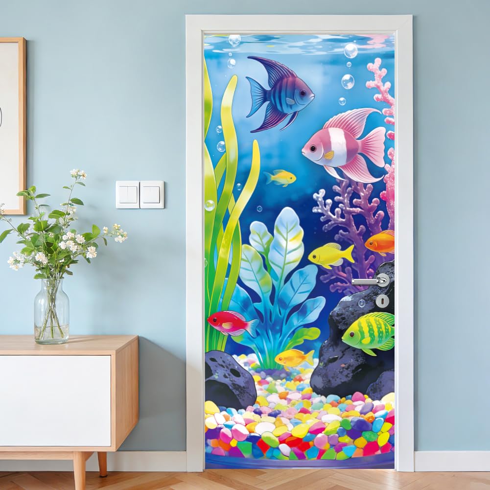 arricraft 2 Sheets Self-Adhesive Door Sticker, 80cmx200cm/31.5x78.7inch Tropical Fish Tank Pattern Door Murals Stickers PVC Removable Wallpaper Decoration for Bedrooms ​Living Room