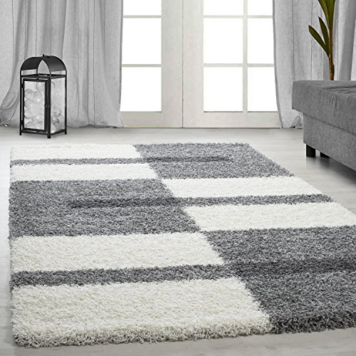 Carpetsale24 Teppich Wohnzimmer Moderne Kariert Design Shaggy Flokati 240 x 340 cm Hellgrau-Creme -...