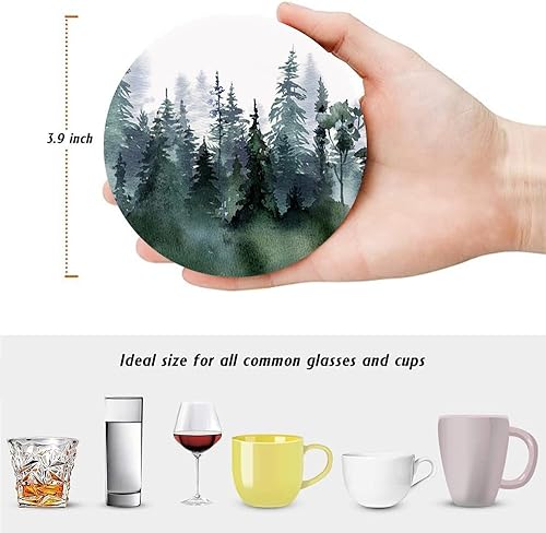 Miniatura 2 de Juego de 6 posavasos para bebidas, diseño de bosque de pinos y acuarela, con base de corcho y soporte de metal, decoración de bar para el hogar,