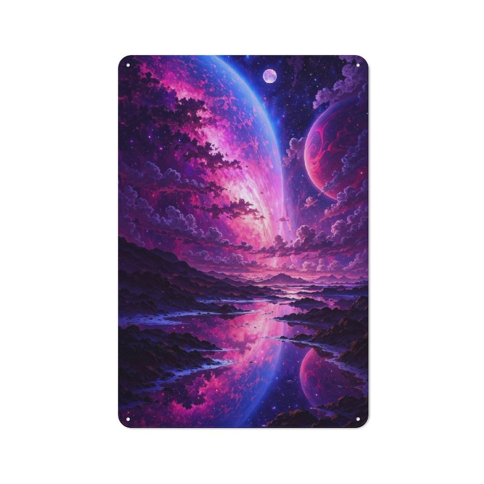 Cosmic Landscape with Planets And Reflection Garage Metal Sign 30x20cm, Weathered Look Shed Wall Plaque for Garage, Workshop, Shed Or Utility Room