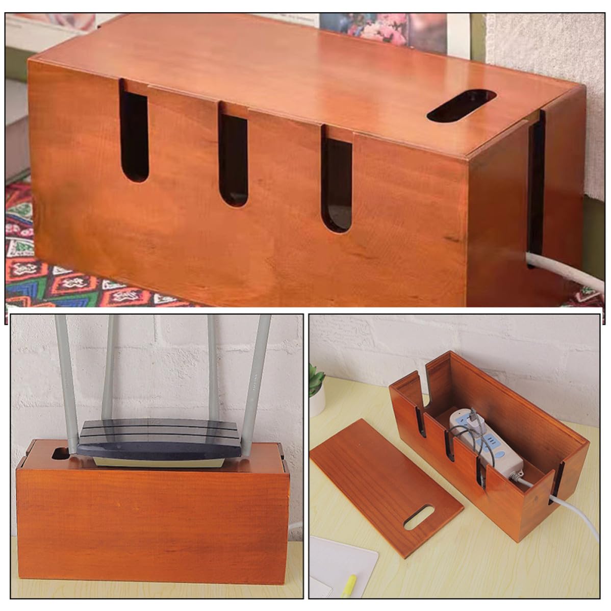 Scatola Porta Cavi per Organizzatore Cavi Elettrici in Legno Marrone per Nascondere Ciabatte e Fili Contenitore Semplice e Moderno sulla Scrivania