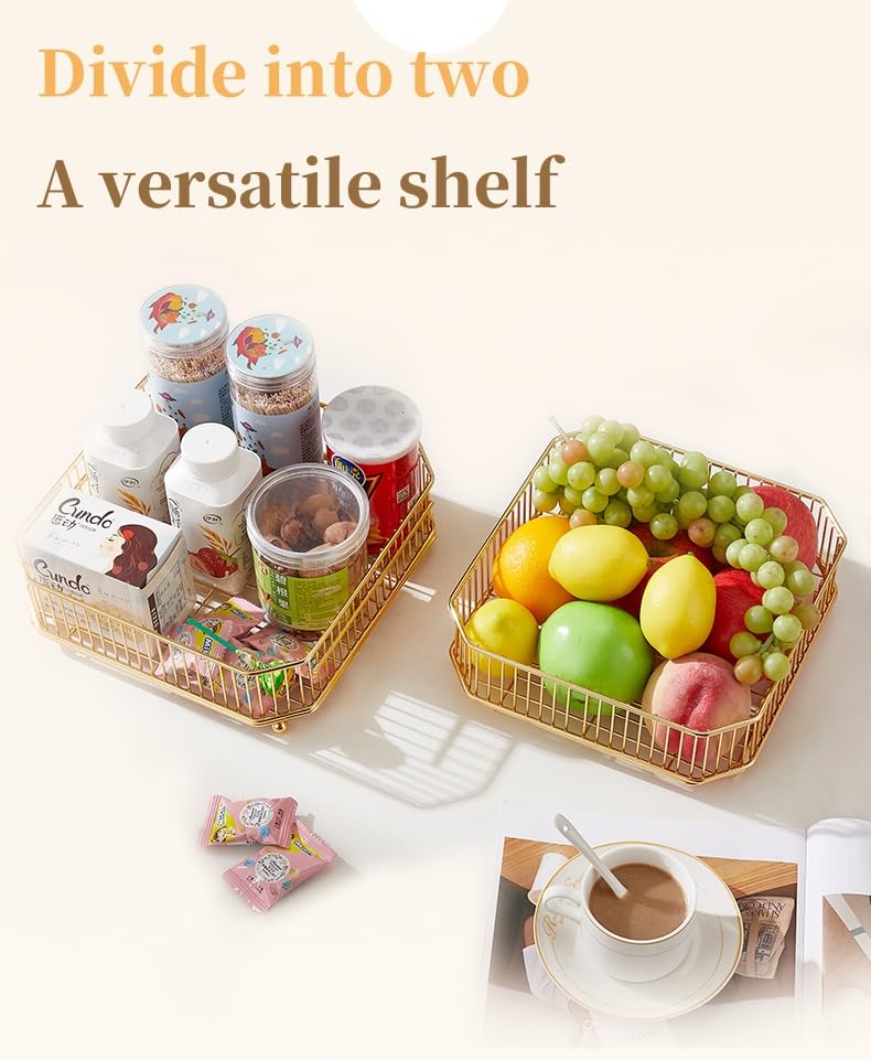 Freaswind 2 Tier Gold Countertop Fruit Basket Bowl for Kitchen Metal Wire Storage Rack Fruits Stand Holder Organizer for Bread Snack Veggies (A)