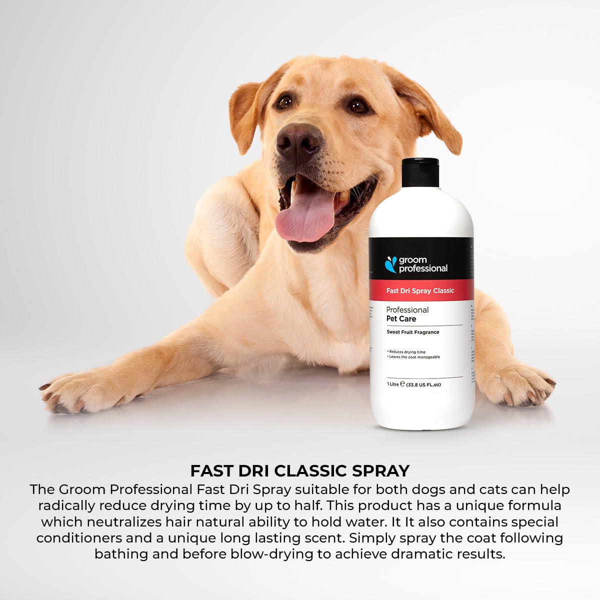 GROOM PROFESSIONAL Fast Dri Classic Spray (1 L) – Schnelltrocknendes Spray für Hunde & Katzen, Reduziert Trockenzeit um 50%, Mit Pflegestoffen, Ohne Rückstände, UK