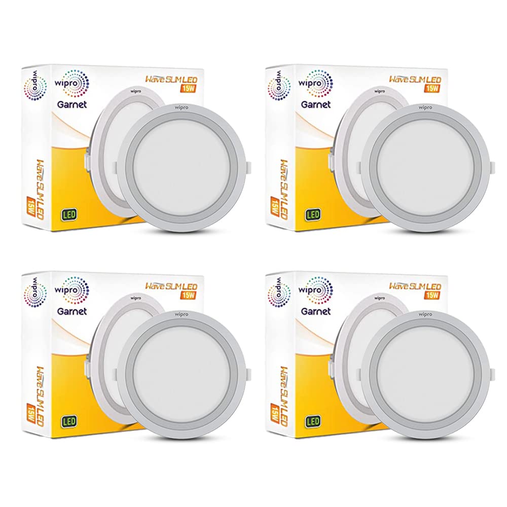 wipro Polycarbonate Garnet 15W Round Led Wave Panel Light for Ceiling|Cool White Light (6000K)|Ultra-Slim Design|Recessed Down Light for False Ceiling|Pop Ceiling Light|Cutout-150Mm|Pack of 4