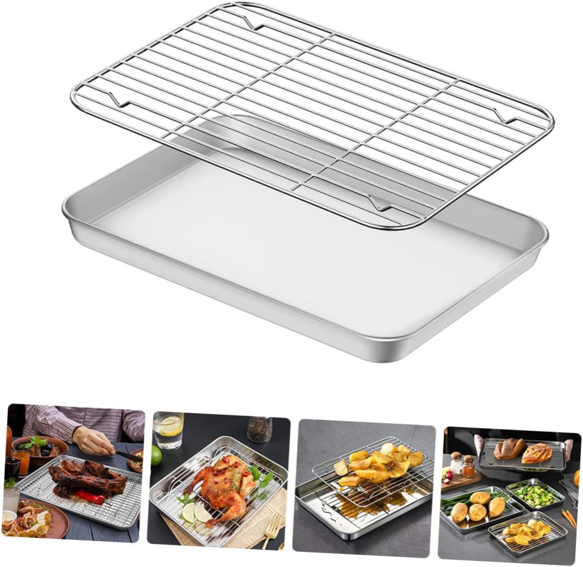 VOSAREA 1Set Multi Function Wear Resistant Baking Rack Baking Pan and Wire Rack for Camping Roasting Chicken Meat and Vegetables Dishwasher Safe