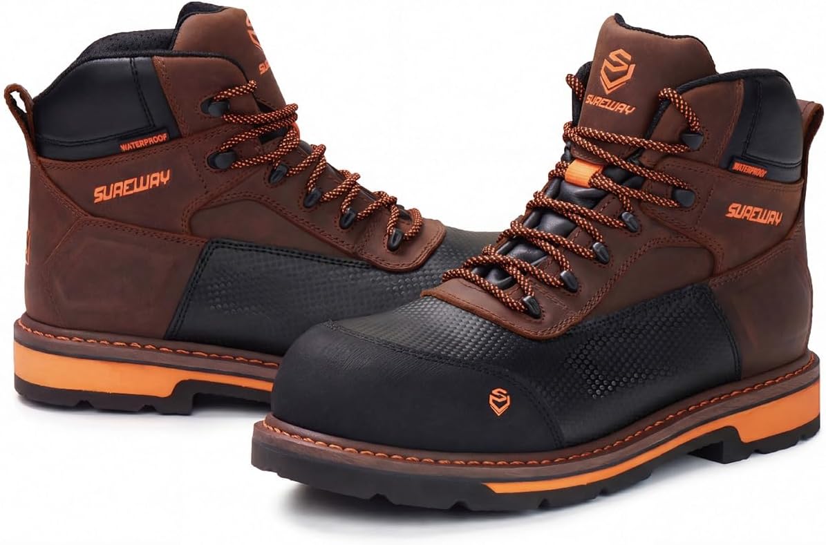 SUREWAY Composite Toe Heavy Duty Waterproof Work Boot, Men’s 6" Welt Oil/Slip Resistant Dual-Density Comfortable Outsole Leather Construction Industrial Safety Lace Up Work Boots - Brown