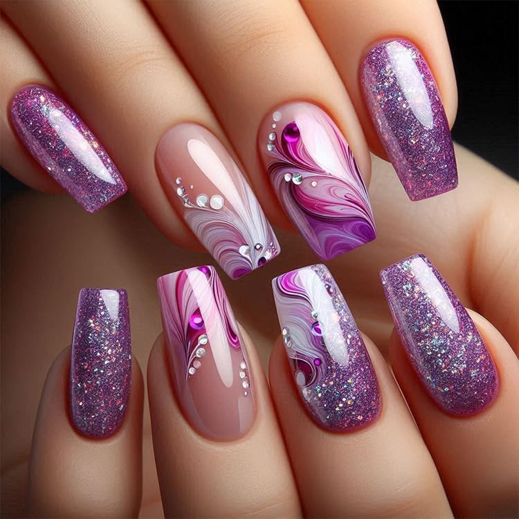 Purple French Manicure Press-On Medium Coffin False Nails Powder Purple Gradient with Rhinestone Design Glitter Shiny Full Cover Glue Nails for Women