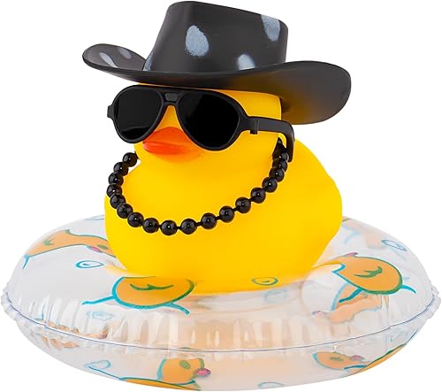 wonuu Decoración de coche de pato de goma, accesorios para automóvil, adorno para tablero de instrumentos con sombrero de vaquero, anillo de