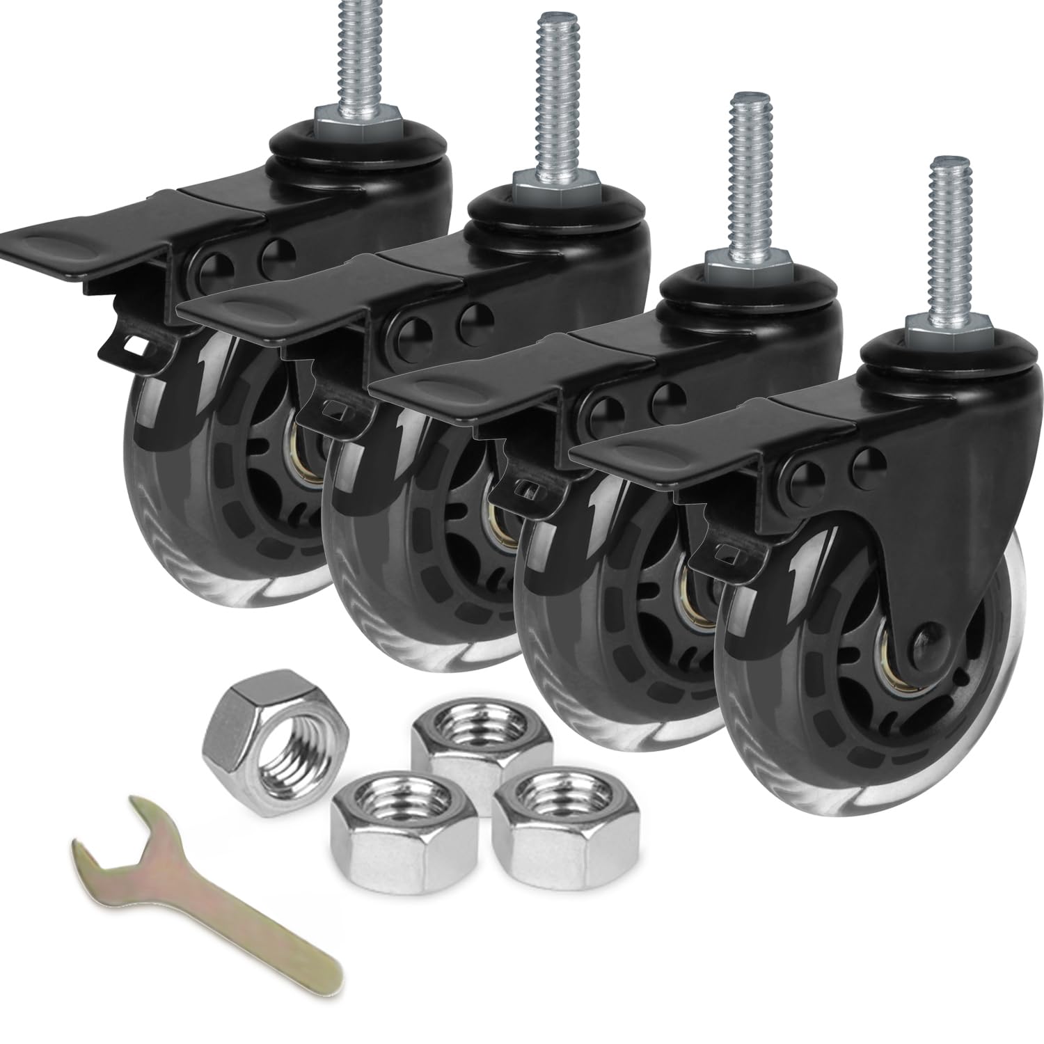 3" Rubber Caster Wheels Heavy Duty with 3/8"-16 x 1-1/2" Threaded Stem Casters Set of 4, Quiet and Smooth Rolling Castors for Furniture Hardwood Floors (4 With Brakes)