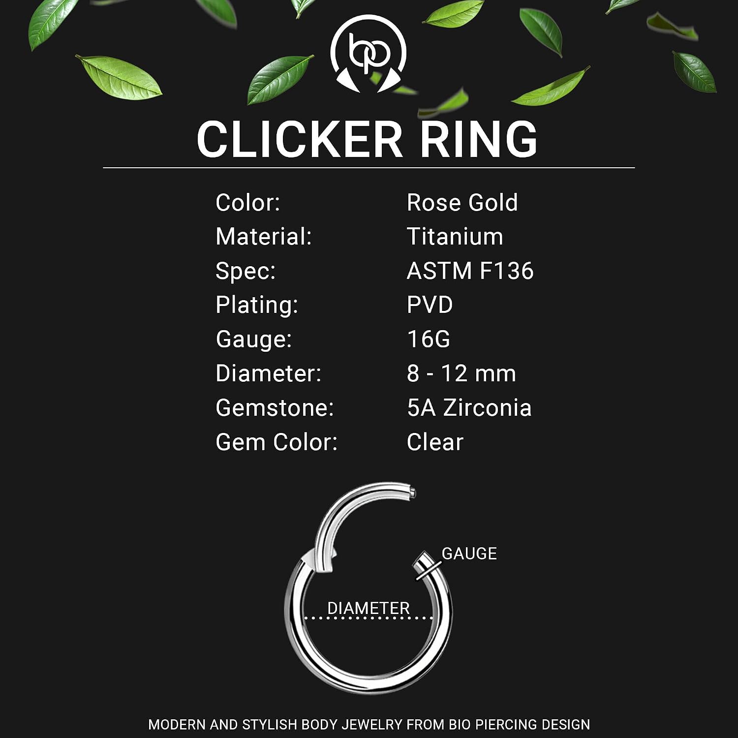 Titanium Clicker Ring in D Shape Style and Half Side CZ, Cartilage Earring Rook Piercing Ear Hoop Ring Clicker