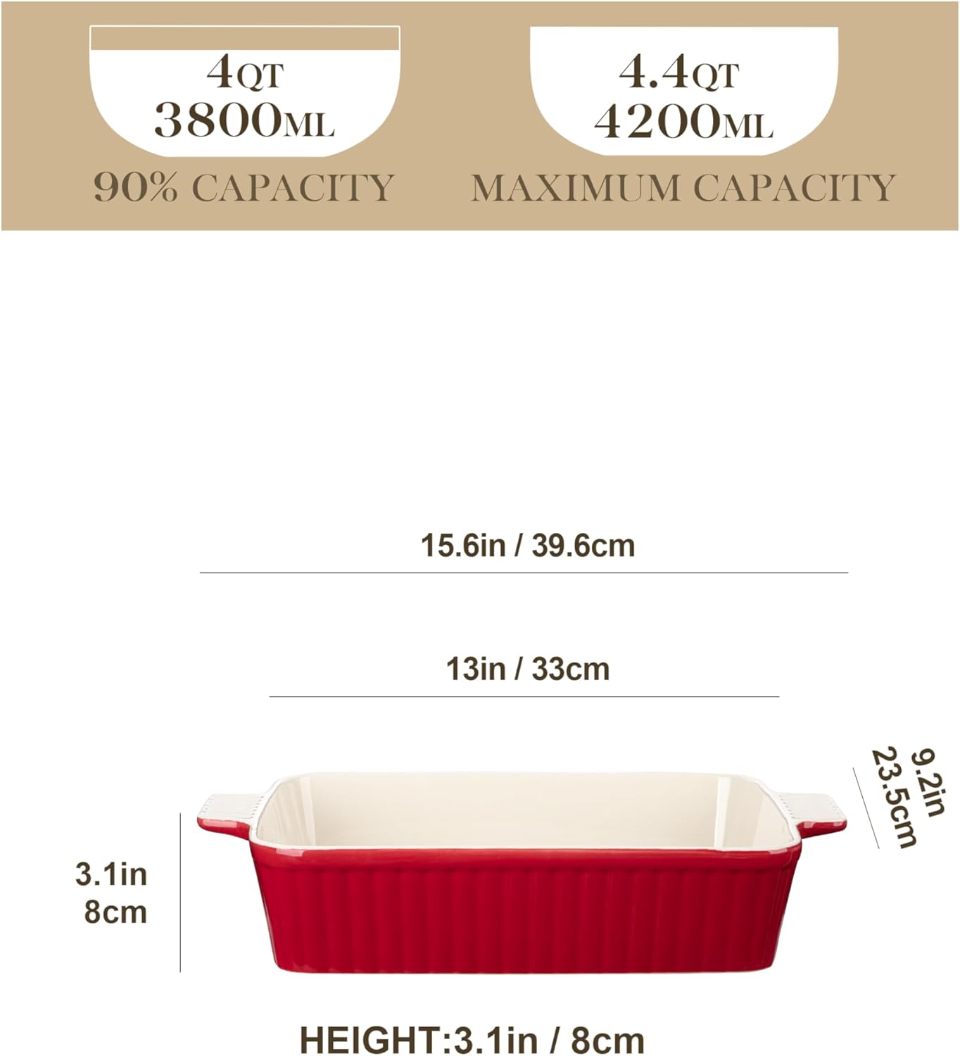 MALACASA 4.4 QT Baking Dish, 9x13 Large Casserole Dish for Oven, Ceramic Baking Pan, Rectangular Lasagna Pan Deep with Handles for Baking, Durable Microwave Oven Safe, Red, Series BAKE-BAKE - Image 2