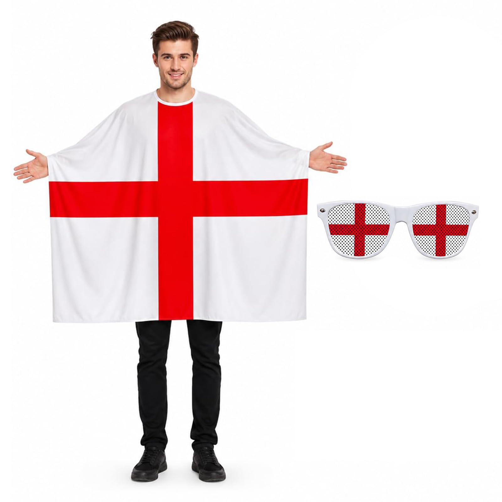 Vervora 6Pcs England Supporters Costume Set, England Flag Cape with Sunglasses Face Decals, St George Cross Fancy Dress Accessories for Adults Sports Events Football Rugby Cricket Parties (Style A)
