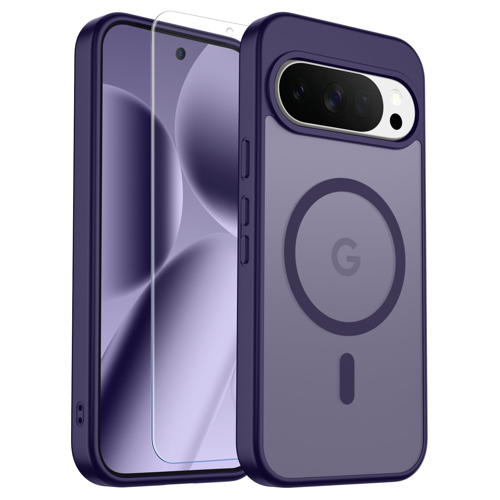 SUPFINE Magnetic for Google Pixel 10 Pro XL Case with Screen Protector, (Built-in Magnets) ((Military Grade Drop Protection) Slim Translucent Shockproof Phone Case,Dark Purple