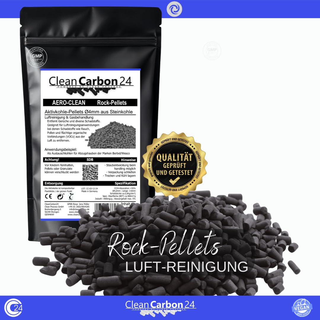 Granulki z węglem aktywnym Ø 4 mm, z węgla kamiennego do oczyszczania powietrza CC24 AERO-CLEAN Rock-Pellets nowe: 2-krotnie odpylany (5 litrów)