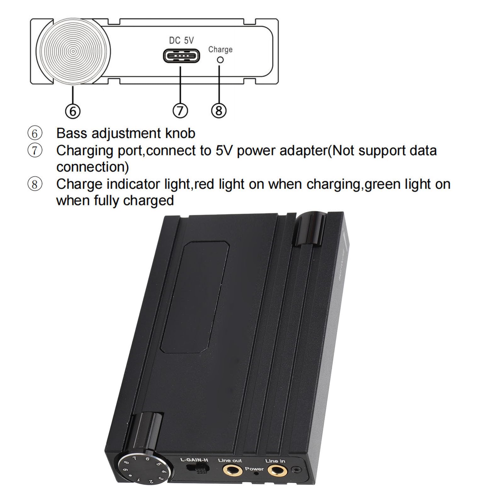 Amplificatore per cuffie HIFI, amplificatore per cuffie portatile wireless con supporto per impedenza da 16 a 600 Ω, jack da 3,5 mm, corpo in lega di alluminio, regolazione dei bas