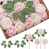 HAUSPROFI Künstliche Rosen Blumen, 25 Stück Foamrosen Kunstblumen, Rosenköpfe Deko für DIY/Hochzeitsdeko/Blumensträuße/Zuhause/Blumenarrangements/Geburtstagsdeko/Party Deko- Hell-Pink+Champagner