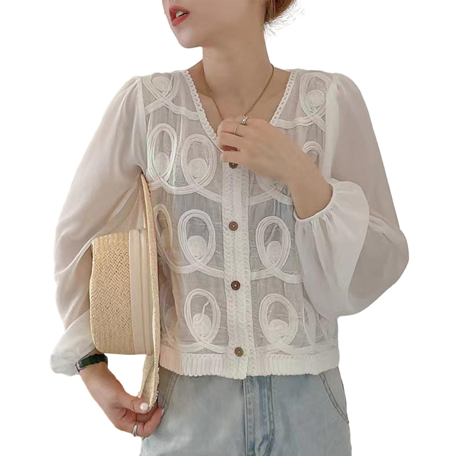 Maxtonser Hollow Out Crochet Lace Patchwork Cardigan for Women Puff Long Sleeve V-Neck Button Up Loose Blouses Crop Top
