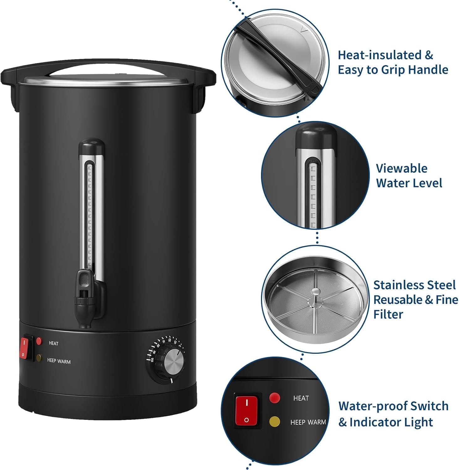 18 L/120 Cups Coffee Urn, 4.8 Gal Commercial Coffee Maker with Double Wall Insulation, Stainless Steel Hot Water Urn for Events, Large Capacity Hot Coffee Dispenser for Buffet Catering Weddings,Black