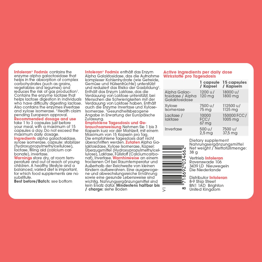Intoleran Fodmix (Quatrase) Verdauungsenzyme – 108 Kapseln | Hochdosiertes Nahrungsergänzungsmittel bei FODMAP-Unverträglichkeit | Hilft bei der Verdauung von Laktose und komplexen Kohlenhydraten* | R