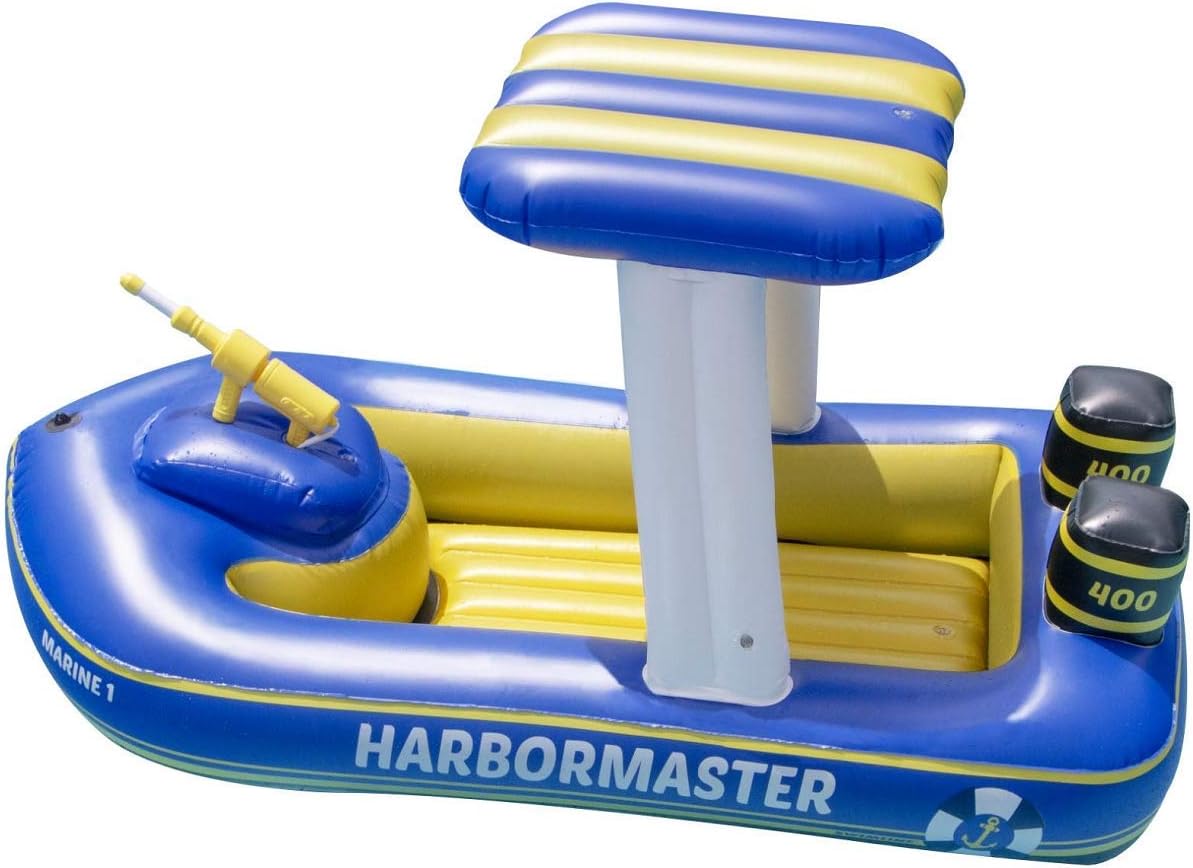 ORIGINAL Harbor Master Inflatable Patrol Boat Pool Float Ride On With Fun Constant Flow Water Squirter For Kids Cool Retro Style For Beach Ocean Pool Lake Extra Thick Large Floatie
