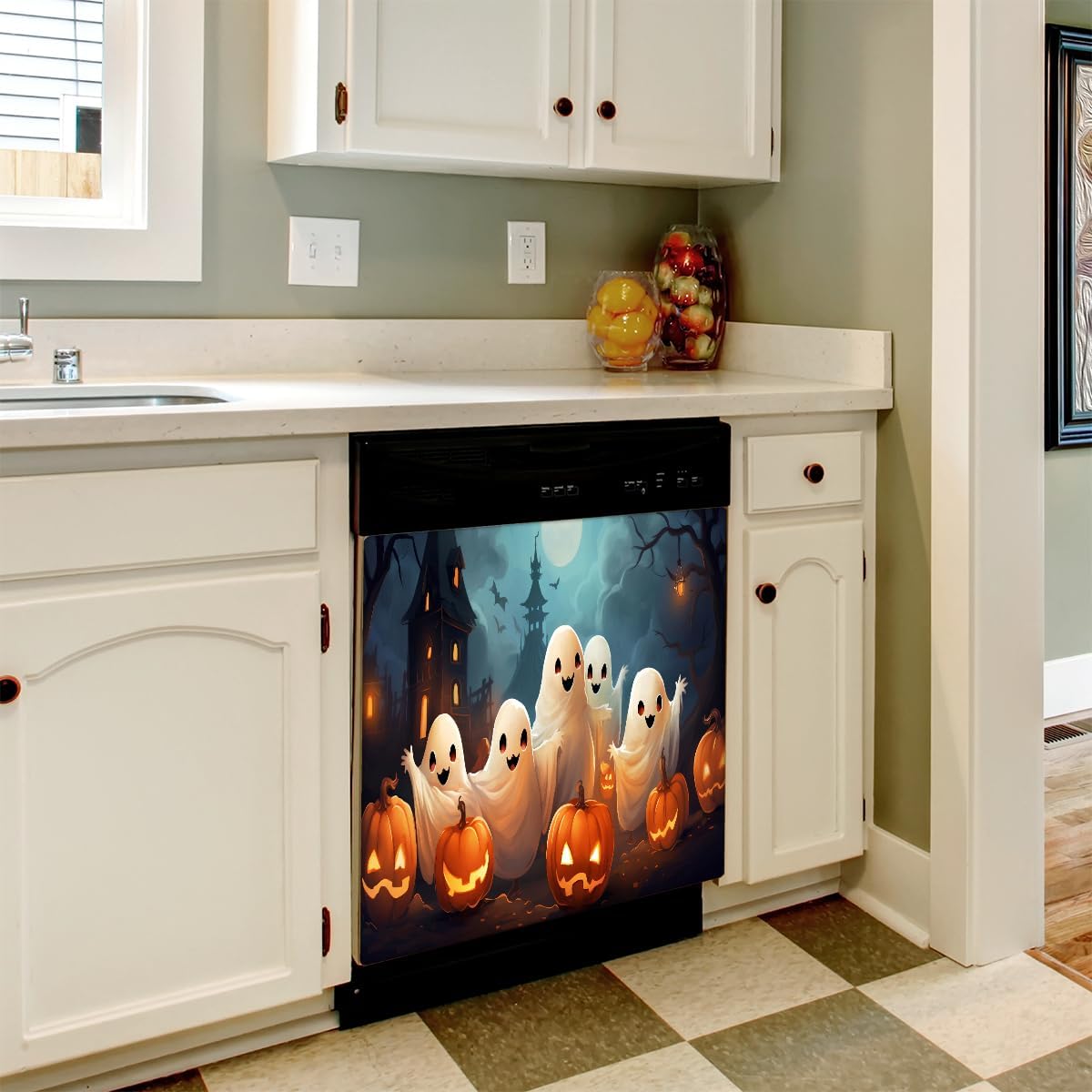 Dishwasher Magnet Cover Front Dishwasher Cover Decoration Reusable Magnetic Door Cover Panel Decal Home Appliances Stickers Kitchen Refrigerator Fridge Halloween Pumpkin Horror 23"x26"