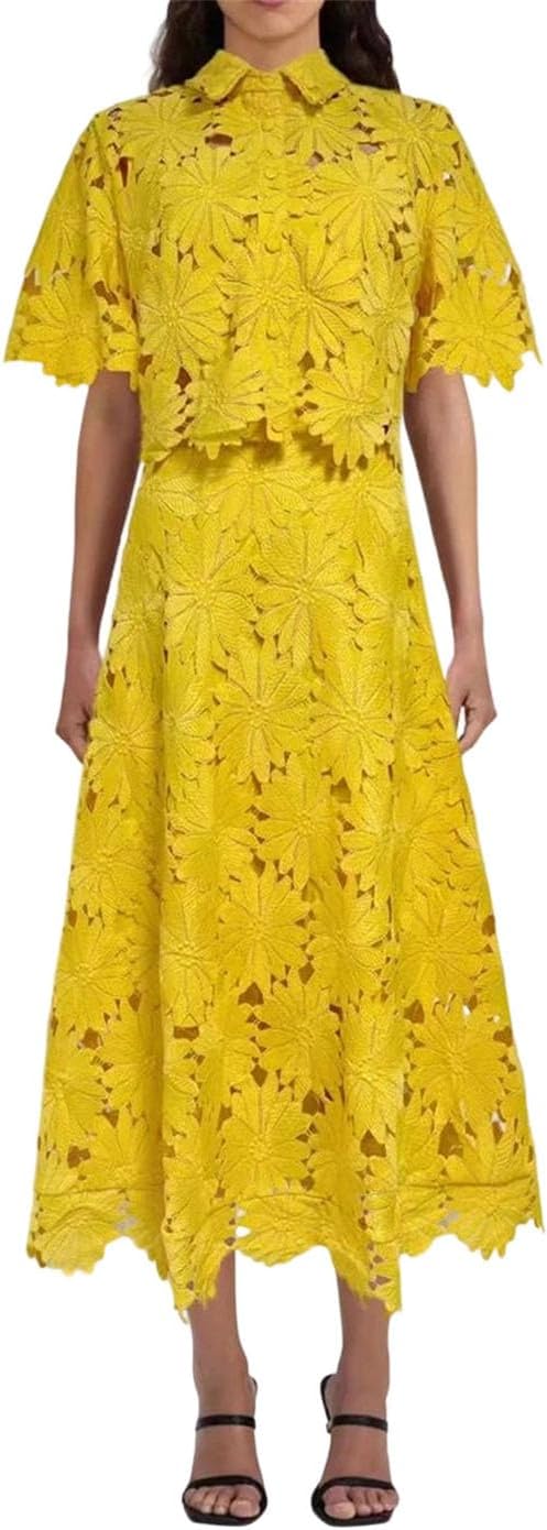 Women Hollow Out Two Piece Skirt Set Lapel Short Sleeve Button Top High Waist Skirt
