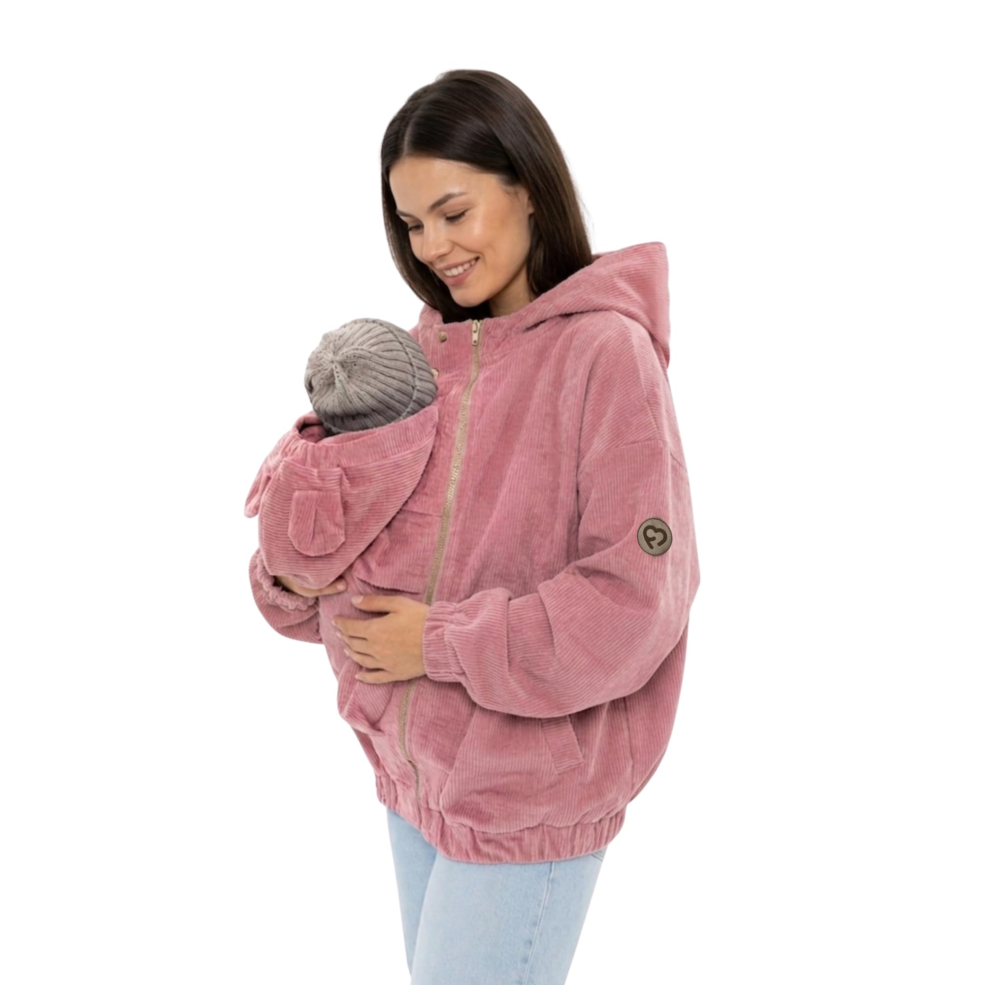 fun2bemum Cordjacke 3 in 1 Tragejacke Baby Umstandsjacke Oversize Herbstjacke für Mama mit Babytrage aus Baumwolle mit Einsatz (Groß, Coral)