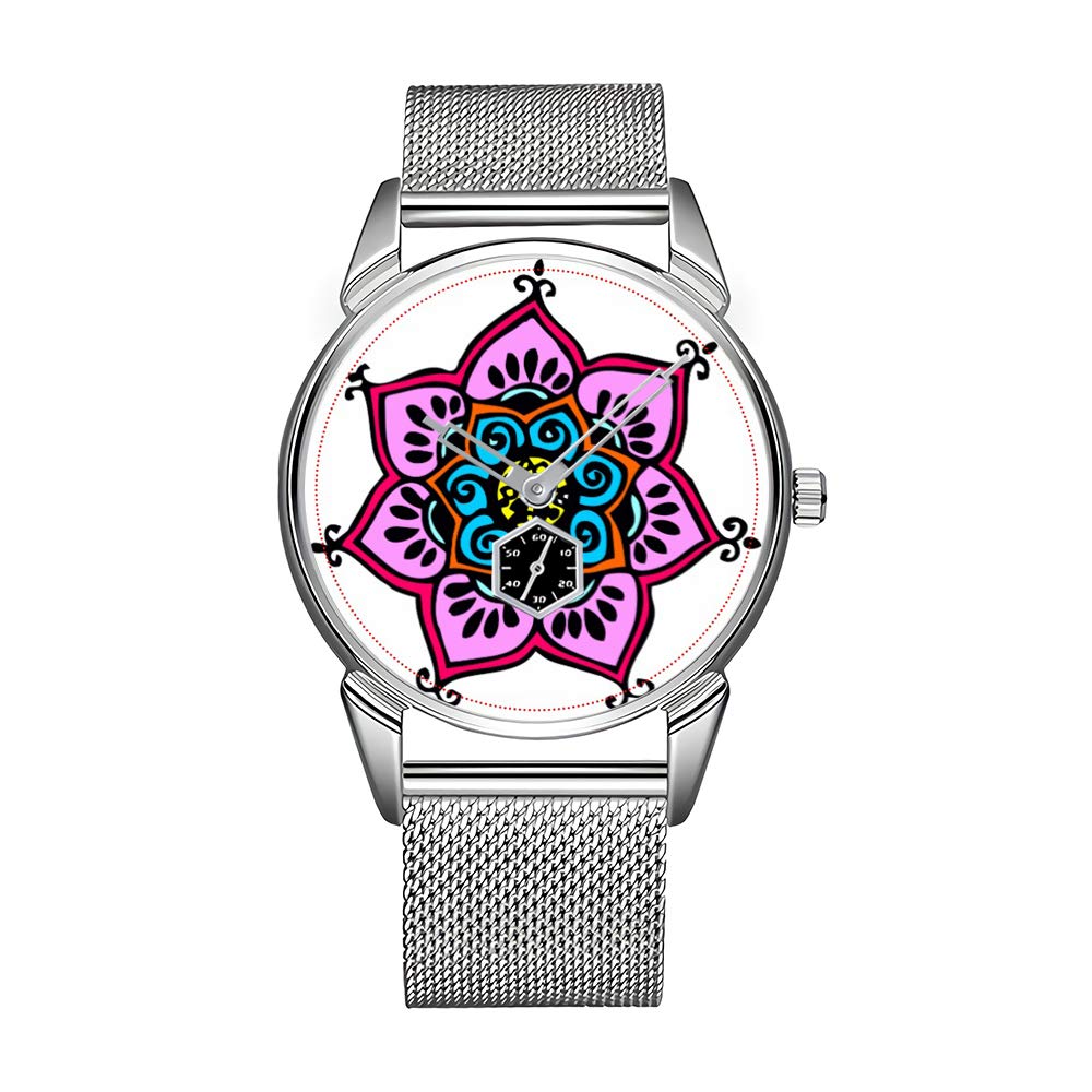 Fashion men's watch silver stainless steel waterproof watch men's top brand watch Lotus Mandala glitter wrist watch.