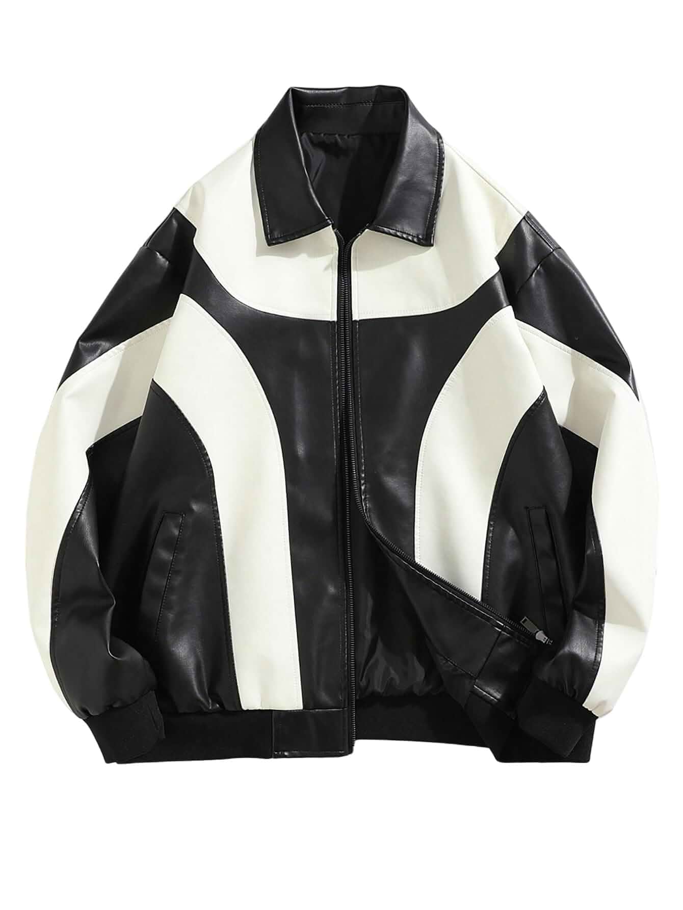 BEAUDRM Men's Y2k PU Leather Jacket Color Block Motorcycle Coat Zip Up Long Sleeve Outerwear with Pockets Streetwear