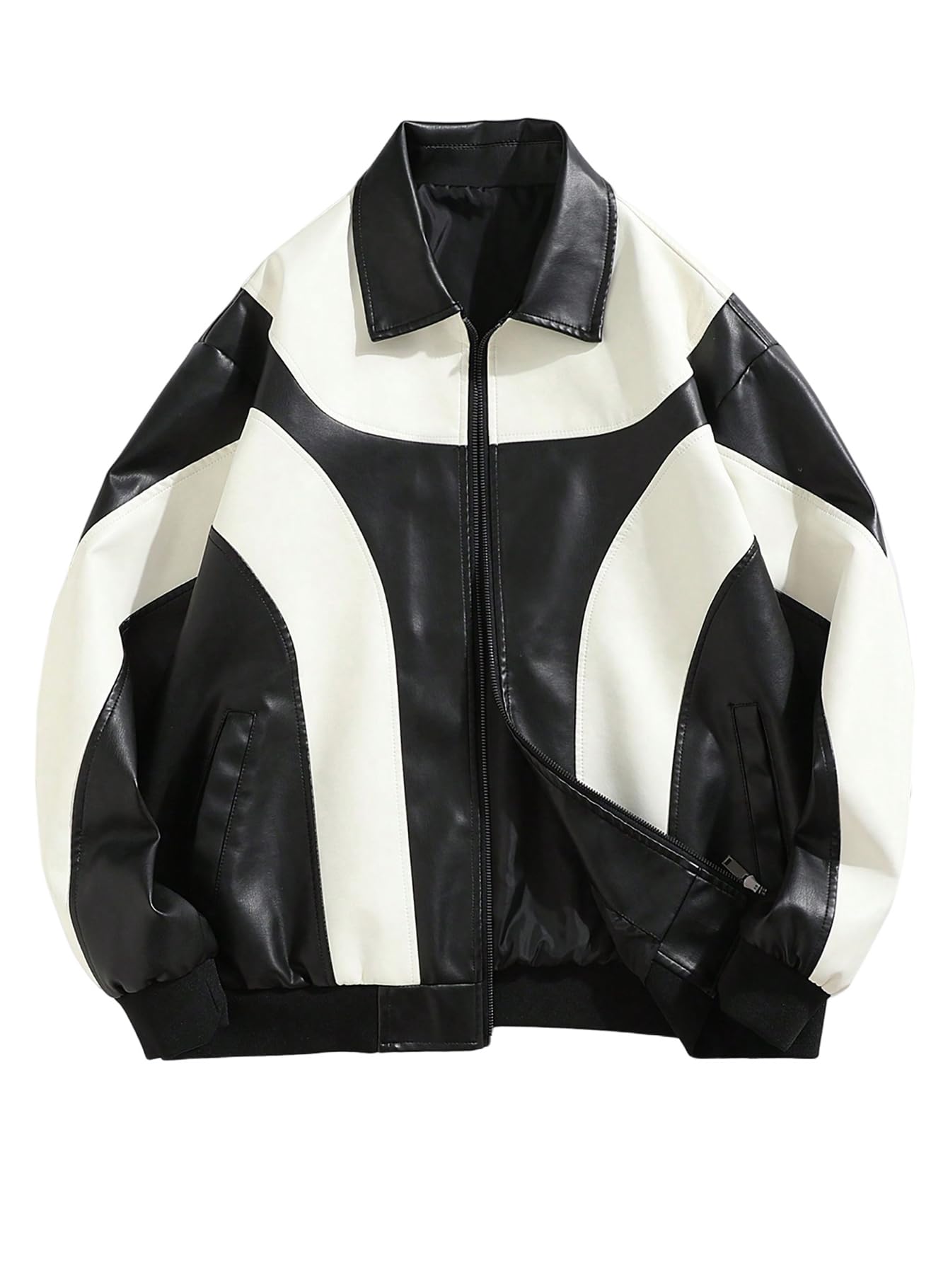 Men's Y2k PU Leather Jacket Color Block Motorcycle Coat Zip Up Long Sleeve Outerwear with Pockets Streetwear