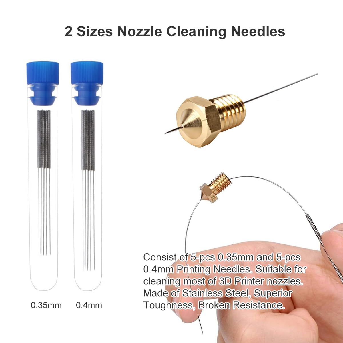 3D Printer Nozzles Kit — 10x 0.4mm MK8 Brass Nozzles With Cleaning Needles & Tweezers For Creality, Ender 3, CR-10