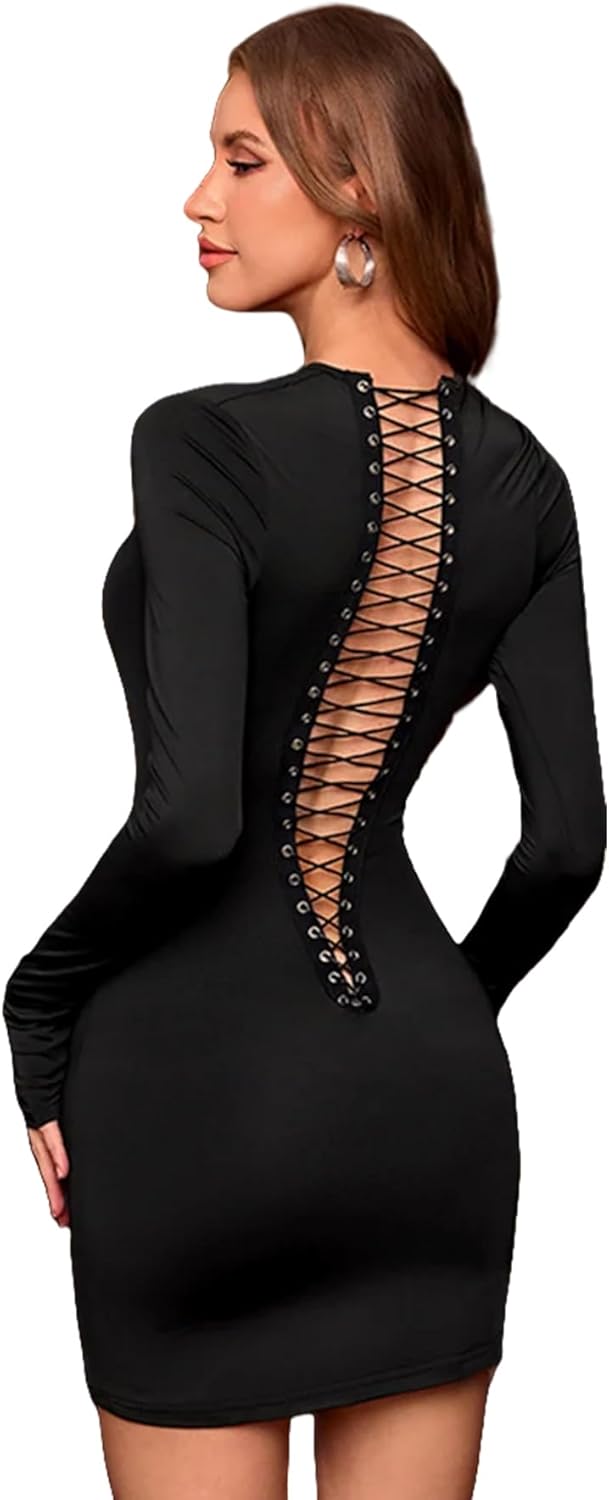 Suillty Women's Sexy Hollow Out Bandage Dress Front Back Both Wear Long Sleeve Lace-Up Bodycon Party Club Dresses - Image 3