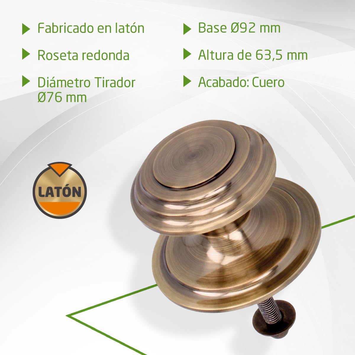 Amig - Pomo de Puerta - Fabricado en Latón - Tirador: Ø76 mm - Cuero -Macizo - Resistente al Frotamiento, Óxido y Corrosión