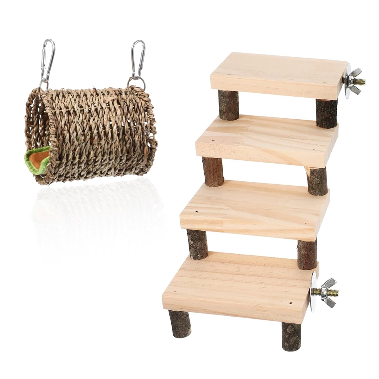 2 PCS Wooden Hamster Parrot Bird Cage Toy, Pet Mouse Climbing Swing with Seagrass Hammock 5 Layers Ladder Stairs Platform Bridge for Hamsters Chinchillas